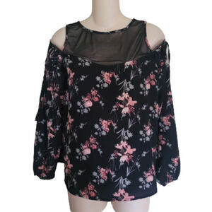 Self Esteem Black Floral Mesh Cold Shoulder Blouse Top Size Women's Junior's L